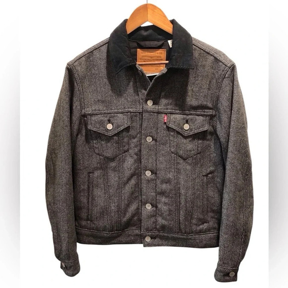 VTG Levi Strauss & Co Ted Tab Big E Mens Small Truckers Jacket Gray Herringbone - Picture 1 of 7